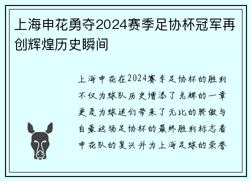 上海申花勇夺2024赛季足协杯冠军再创辉煌历史瞬间