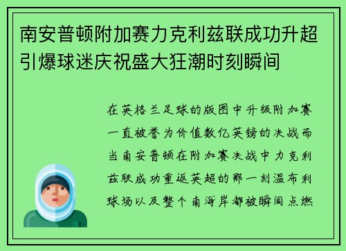 南安普顿附加赛力克利兹联成功升超引爆球迷庆祝盛大狂潮时刻瞬间